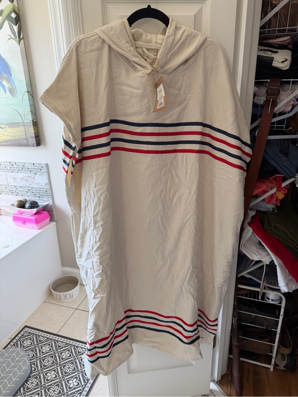 Sandcloud Cream Hooded Swim Coverup with Red & Navy Stripes New Mens or Womens